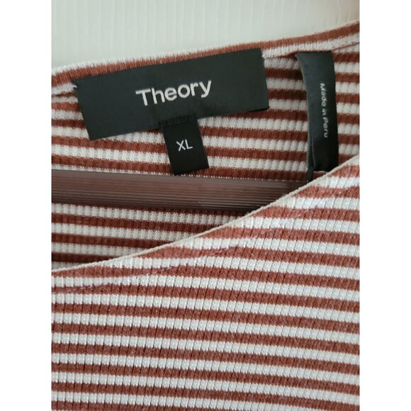Theory Womens brown white Lowell striped button back knit top size XL New Preppy - Picture 2 of 7